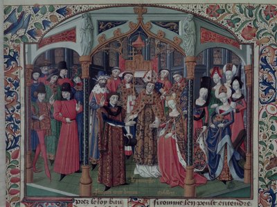 Ms Fr 2629 fol.167 Koningin Melisande van Jeruzalem (1109-60) trouwt met Fulco V van Anjou (1092-1143), uit de Histoire de la conquête de Jérusalem door Willem van Tyrus (ca.1130-85) ca.1470 door French School
