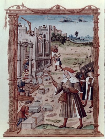 Karel de Grote (742-814) leidt de bouw van Aken, uit Recueil Sommaire des Chroniques Francaises door Guillaume Cretin (1460-1525) door French School