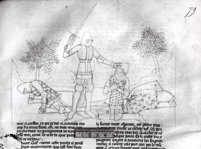 Ms Fr 343 f.79 Een ridder bewapenen op een slagveld, uit Lancelot du Lac door French School