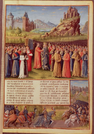 Ms Fr 5594 f.138 Sint Bernardus (ca. 1090-1153) van Clairvaux die de Tweede Kruistocht predikt in aanwezigheid van Koning Lodewijk VII (ca. 1120-80) van Frankrijk in Vezelay in 1146, uit Passages faits Outremer door French School