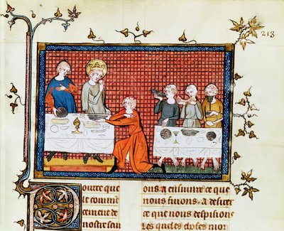 Ms. Fr. 5716 f.213 St. Louis Voedt de Armen, uit Leven en Wonderen van St. Louis, c.1330-40 door French School