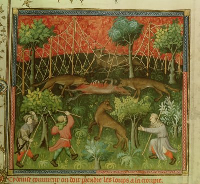 Ms Fr 616 fol.111 Wolvenjacht met behulp van netten, uit het Livre de la Chasse door Gaston Phebus de Foix (1331-91) door French School
