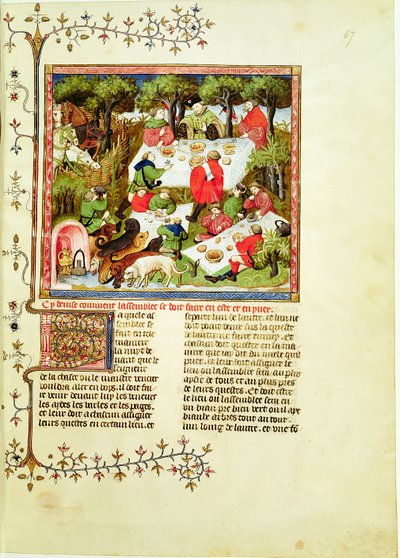 Jagers die feestvieren voor de hertenjacht, uit Livre de la Chasse door Gaston Phebus de Foix (1331-1391) door French School