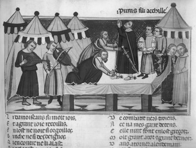 Een ridder bewapenen, uit de Roman de Troie, 13e-14e eeuw door French School