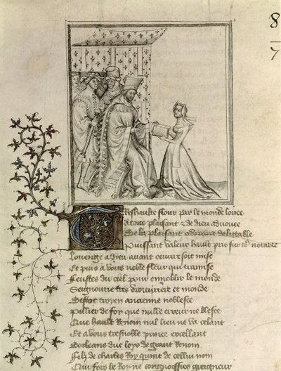 Ms Fr 848 fol.1 Christine de Pisan (1364-1430) presenteert haar werk aan Lodewijk, Hertog van Orléans (1372-1407) uit de Brief van Othea aan Hector door Christine de Pisan, ca.1405 door French School