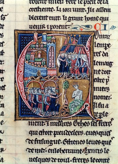 Ms Fr 9081 fol.206 Geïllustreerde initiaal C die Conrad III (1137-52) Keizer van Duitsland en Lodewijk VII (1120-80) Koning van Frankrijk toont, die Damascus belegeren in 1148, uit Histoire de Jerusalem door William door French School