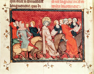 De koning dicteert zijn uren terwijl hij te paard rijdt, uit het Leven en Wonderen van St. Louis, c.1330-40 door French School