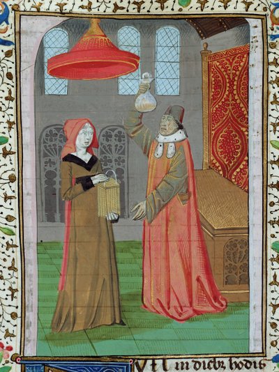 Ms H 7 fol.164r Een dokter onderzoekt de urine van St. Elizabeth om te zien of ze zwanger is, uit de Bijbel van Jean XXII door French School