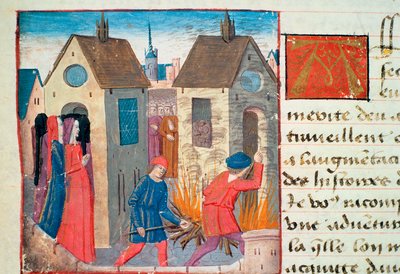 Ms Hunter 252 f.75v Brandend huis, uit Les Cent Nouvelles Nouvelles, 1462 door French School