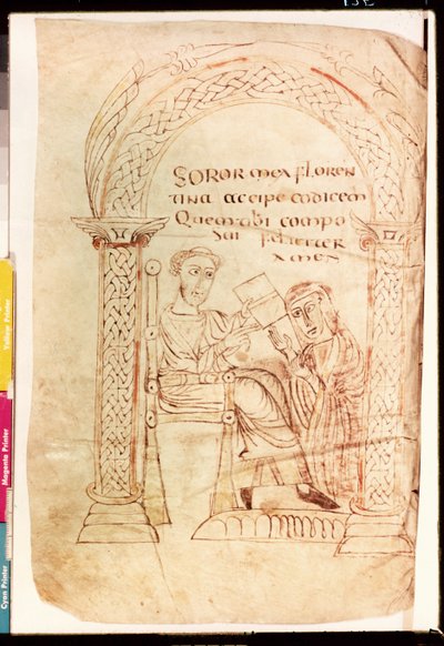 Ms Lat 13396 Fol.1 Isidorus biedt zijn werk aan zijn zus Florentina aan, uit De fide catholica ex Veteri et Novo Testamento contra Judaeos door Isidorus van Sevilla (ca.560-636) ca.800 door French School