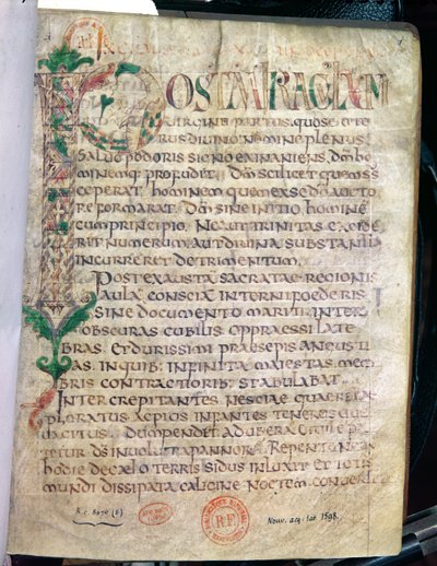Ms Lat 1598 Fol.1 Zoomorfische geïllustreerde initiaal P, uit een werk van Sint Augustinus (354-430) door French School