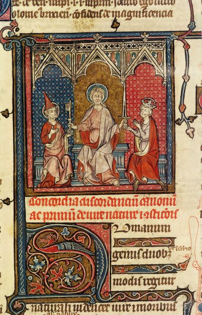 Geestelijke en wereldlijke macht, uit de Decreten van Gratien, 1314 door French School