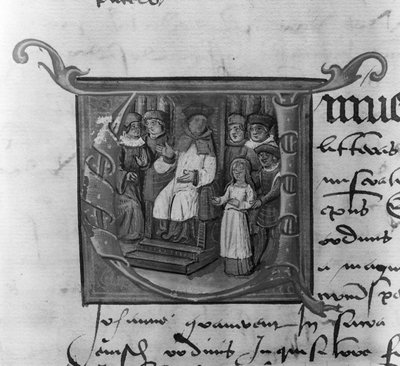 Ms Lat 5969 Geïllustreerde initiaal A die het proces van Jeanne d