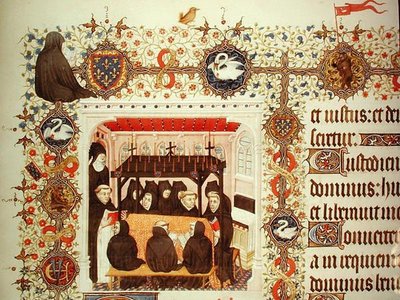 Rouw van de hertogin, met wapenschilden en dierdetails, uit de Grandes Heures de Duc de Berry door French School