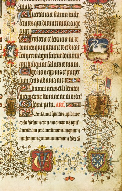 Ms Lat 919 fol.96 Detail van wapenschilden en dierdecoratie, van St. Peter die Jean de France (1340-1416) Hertog van Berry naar het Paradijs leidt, uit de Grandes Heures de Duc de Berry door French School
