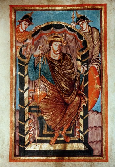 Ms Latin 266 fol.1v Lothair I (795-855) op de troon, uit de Evangiles de Lothaire, ca.840-851 door French School
