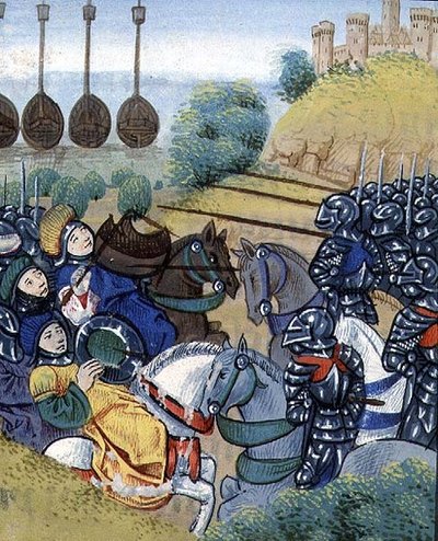 Hongaarse overwinning op de Turken met de Turkse vloot op de achtergrond, door Jean Chartrier, laat 15e eeuw, uit de 