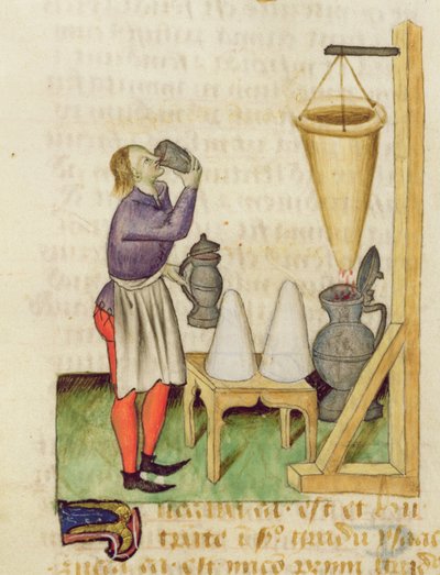 Ms. Tractatus de Herbis door Dioscorides, fol.142r Alcohol Maken door French School
