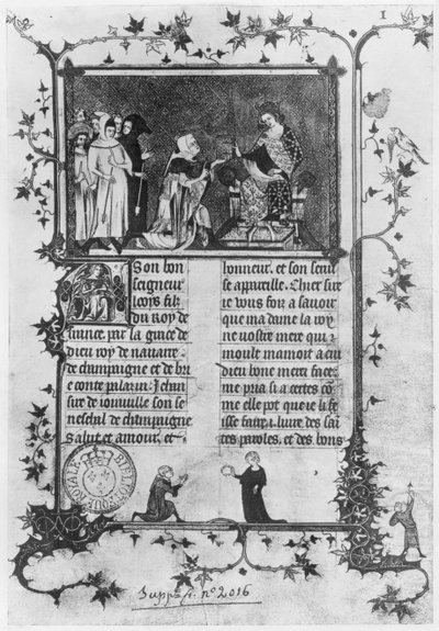 Ms fr 13568 fol.1 Jean de Joinville biedt zijn boek over St. Louis (1215-70) aan Louis X (1289-1316) de Koppige aan door French School