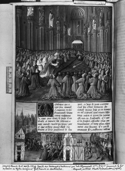 Ms.fr 5594 fol.67v Hoe de speer van Onze Heer werd gevonden in Antiochië, illustratie uit Les Passages d