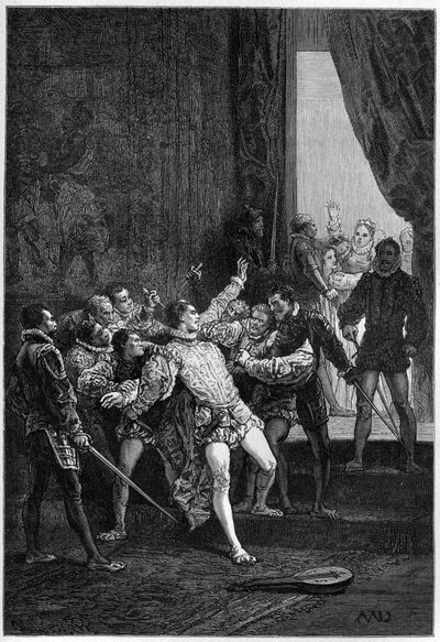 Moord op David Rizzio (Davide) in aanwezigheid van Mary Stuart (Marie Iere) (1542-1587) - gravure in 
