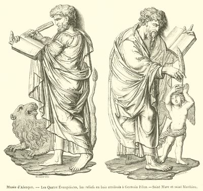 Museum van Alençon, De Vier Evangelisten, bas-reliëfs in hout toegeschreven aan Germain Pilon, Sint Marcus en Sint Matteüs (gravure) door French School