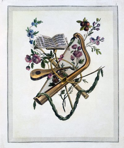 Muziekinstrumenten, uit een boek met gegraveerde platen van Oppenords ontwerpen, gepubliceerd 1745 door French School