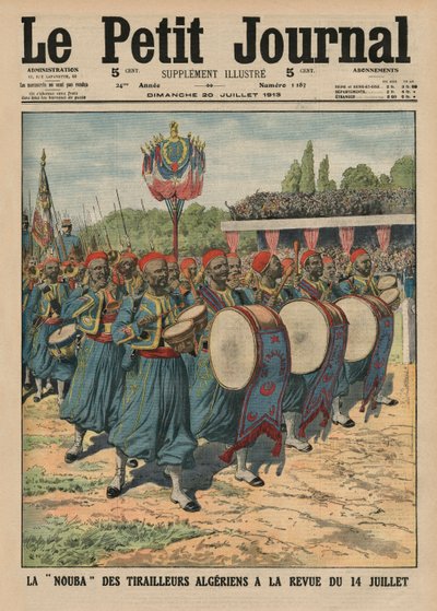 Muzikale sectie van de Algerijnse infanteristen die paraderen bij de parade van 14 juli, voorpagina illustratie uit 