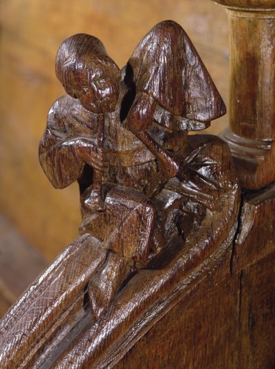 Muzikant die een dubbele fluit speelt, detail uit een koorbank, 14e-16e eeuw (hout) door French School