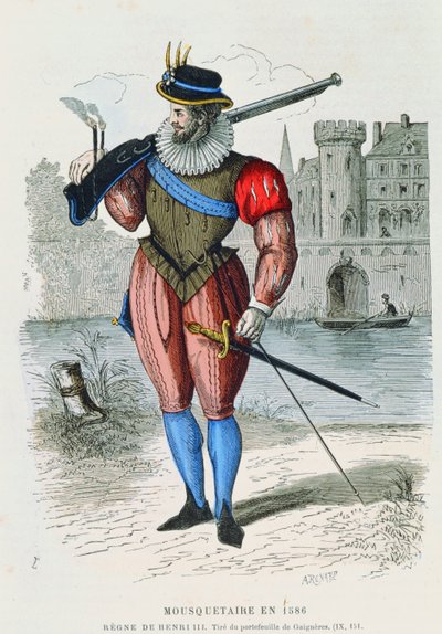 Musketeer in 1586, illustratie uit Costumes de Paris a travers les siecles door H. Gourdon de Genouillac, gegraveerd door A. Renard door French School