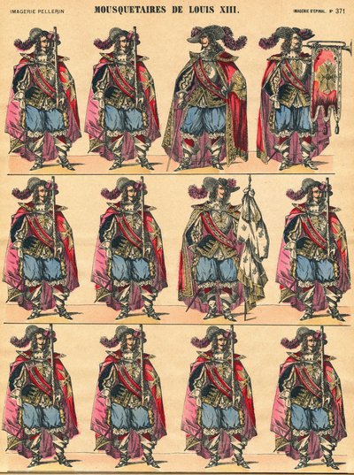 Musketiers van Lodewijk XIII, beschrijvende plaat. Afbeelding van Epinal door French School