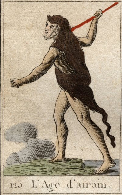 Mythe van de Tijdperken van de Mensheid: een voorstelling van het Bronzen Tijdperk, als een jonge man met een leeuwenhuid en een speer. Uit 