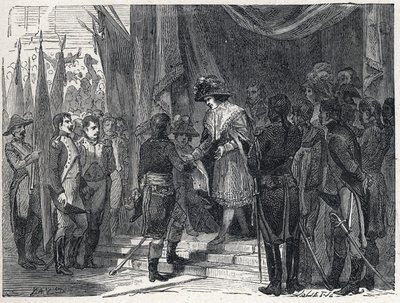 Napoleon Bonaparte overhandigde de handel van Campoformio aan het lid van de Uitvoerende Raad op 10 december 1797. Deze handel tussen Frankrijk en Oostenrijk markeert het einde van de Eerste Coalitie door French School