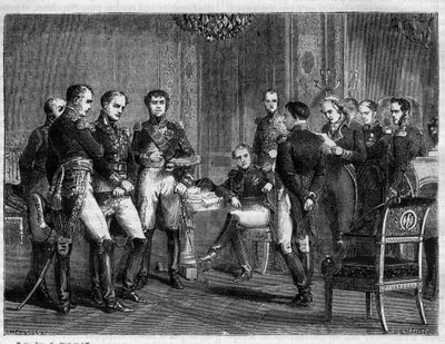 Napoleon Bonaparte - eerste abdicatie van Napoleon in 1814 - Lezing in aanwezigheid van Napoleon van een brief van Pierre Riel de Beurnonville aan Maarschalk MacDonald, Hertog van Taranto - in 