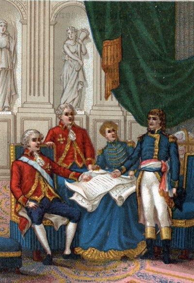 Napoleon Bonaparte in Amiens op 25 maart 1802, Engeland en Frankrijk ondertekenden een vredesverdrag dat een einde maakte aan de tweede Europese coalitie tegen Frankrijk. (De Vrede van Amiens, 25 maart 1802) door French School