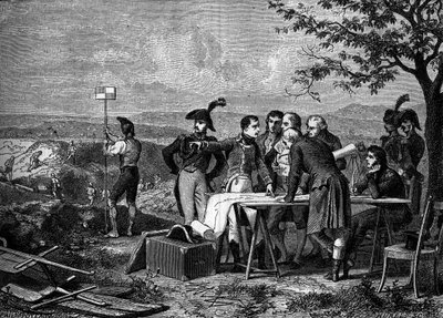 Napoleon Bonaparte wijst het plan aan voor het graven van het Canal de Saint-Quentin in 1801 - Gravure van de 19e eeuw door French School