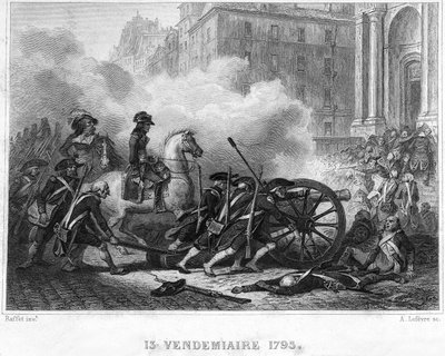 Napoleon verplettert royalistische opstand - Napoleon Bonaparte (te paard) beveelt revolutionaire troepen in straatgevechten op 13 Vendemiaire (5 oktober) - 13 Vendemiaire 1795 (Royalistische opstand van 5 oktober 1795): Bonaparte herstelde de orde door te door French School