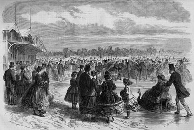 Napoleon III en keizerin Eugenie de Montijo bij de schaatsclub van het Bois de Boulogne in Parijs. Gravure in 