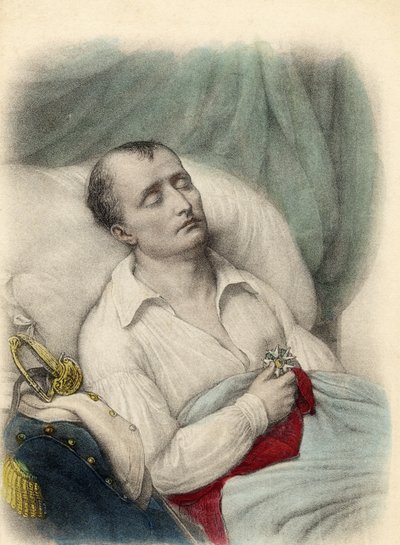 Napoleon I op zijn sterfbed met het Kruis van het Legioen van Eer op zijn hart, St. Helena, 1821 door French School