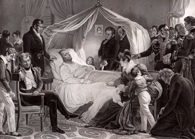 Napoleon I op zijn sterfbed op Sint-Helena, 5 mei 1821, naar een schilderij van Charles de Steuben door French School