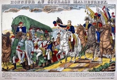 Napoleon I neemt zijn hoed af als een konvooi van gewonden en roept "Eer aan ongelukkig moed!" Afbeelding van Epinal door French School