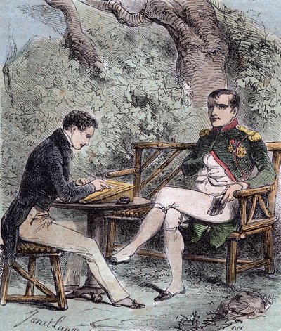 Napoleon op Sint-Helena - Napoleon dicteert zijn memoires aan Emmanuel Pons de Las Cases (1800-1854) zoon van Emmanuel de las Cases, - Uit Emmanuel de las Cases, Napoleon, Memorial de Sainte-Helene door French School
