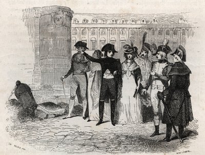 Napoleon wandelend met Madame Tallien, geboren Theresa Cabarrus, Prinses van Caraman, Prinses van Caraman Chimay (1773-1835) Place Vendome in Parijs - gravure in 