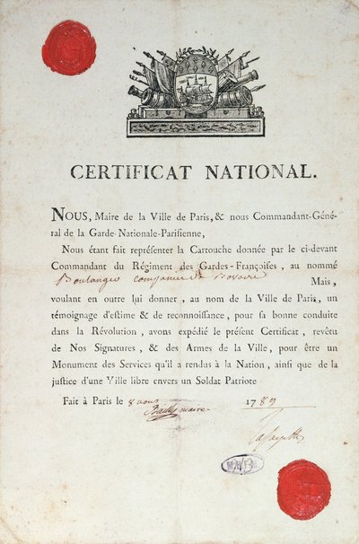 Nationaal Certificaat van Goed Gedrag tijdens de Franse Revolutie, 8 augustus 1789 in Parijs door French School