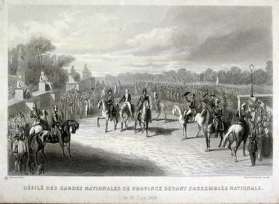 Nationale Garde soldaten beschermen de Nationale Vergadering in Parijs. Gravure tijdens de Franse Revolutie van 1848 door French School