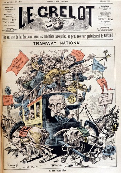 Nationale tram: Frankrijk verdeeld tussen de ideeën van links en rechts, karikatuur over de Meline-regering - in 