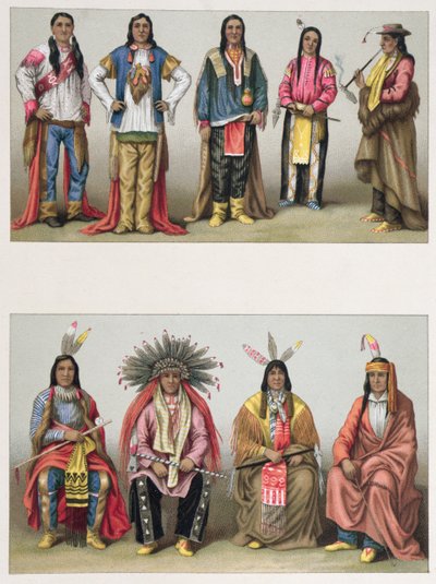 Indianen uit het Mississippi-bekken en uit Colorado, illustratie uit Le Costume Historique door A. Racinet, gepubliceerd in Parijs 1888 door French School