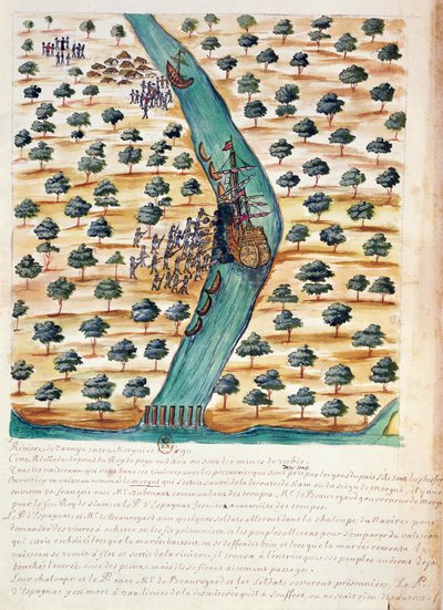 Inboorlingen die Franse schepen aanvallen op de rivier Tavoy, uit een verslag van de Jezuïeten in Siam, 1688 door French School