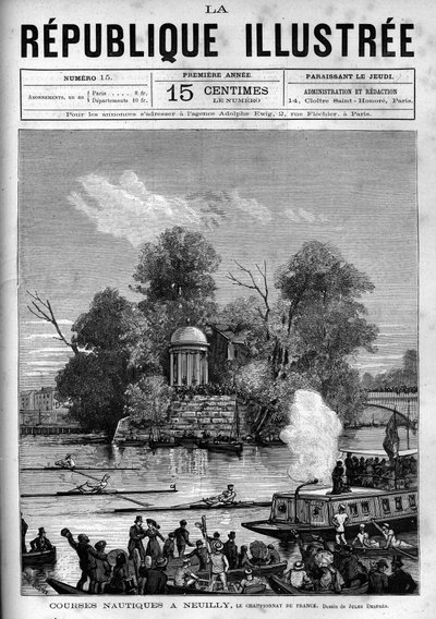 Nautische races: Frans roeikampioenschap georganiseerd op de Seine tegenover het Ile de la Grande Jatte in Neuilly. Gravure uit 1880 in "La republique illustree" privécollectie. door French School
