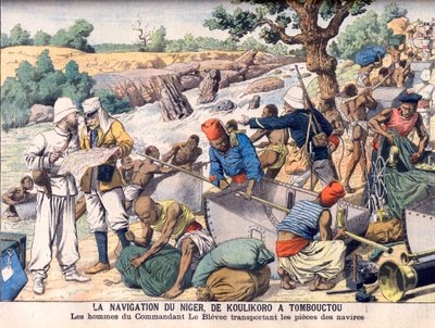 Navigeren op de rivier de Niger tussen Koulikoro en Timboektoe. Een expeditie onder leiding van commandant Le Blevec die boten in secties rond stroomversnellingen vervoert. De navigatie van de Niger, van Koulikoro naar Timboektoe. De mannen van commandant  door French School